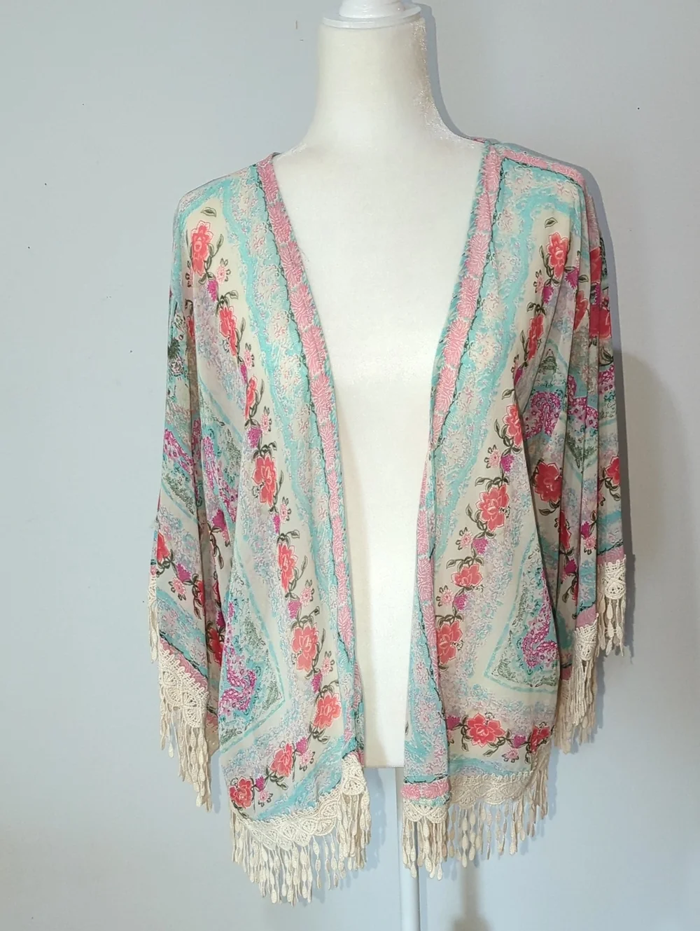 ENTRO Cream Floral Fringe Kimono with Pink & Teal Accents